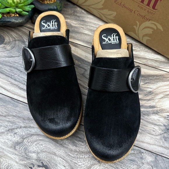 NIB Sofft Bayla 7.5M Suede Leather Slip On Comfort Clogs Mules Black - Picture 2 of 11
